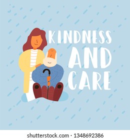 Vector flat banner kindness and care. Customer support service and assistance to older people volunteer worker girl take care of an elderly man. A grandfather of respectful age is sitting in a chair