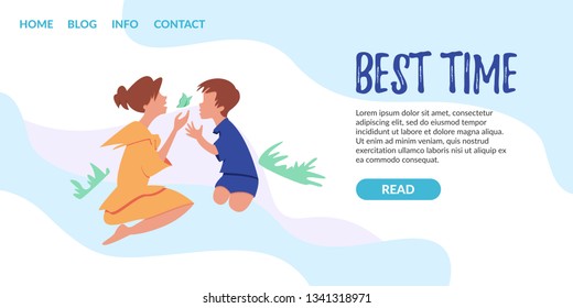 Vector Flat Banner Landing Page mom with her son in nature spending time together. Joint rest with the whole family camping. Camp on the lake parents book a ticket for the weekend holidays.