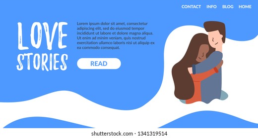 Vector Flat Banner Landing Page Love Story. A young guy falls in love with an African American girl. History of the attachment relationship of strong feelings of moral dedication is instructive.