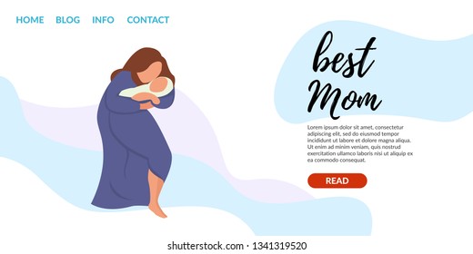 Vector Flat Banner Landing Page best mom. online courses on infant care; protecting the rights of mothers; helping young parents. Moral education mother with a baby in her arms newborn baby feeds him