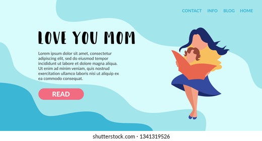 Vector Flat Banner Landing Page. Mother with a child on her lap with a child reading. Babies education online literature courses for young children. Kindergarten and preschool preparation of children
