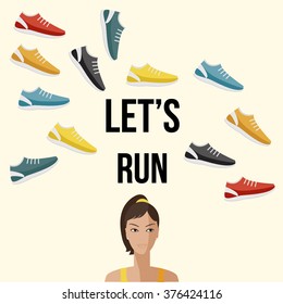 vector flat banner let s run fitness elements set woman design of details equipments graphic running