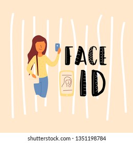 Vector Flat Banner lettering Face ID. The girl uses the new feature of the mobile application of the smartphone face recognition and fingerprint to unlock the screen. Woman with a handbag holding