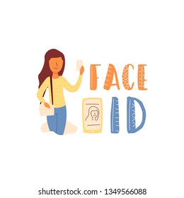 Vector Flat Banner lettering girl holds in her hands a smartphone he uses the function to unlock the screen Face ID. New face recognition and fingerprint technology. The latest developments