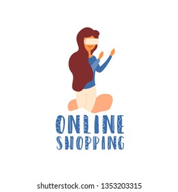 Vector Flat Banner Lettering Online Shopping. A girl with glasses of additional reality makes a purchase in a store artificial intelligence machine learning mobile application for a smartphone