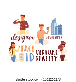 Vector Flat Banner lettering set Designer Face iD Virtual Reality. Developer machine learning using modern mobile phone gadgets. Points of additional reality girl uses artificial intelligence.