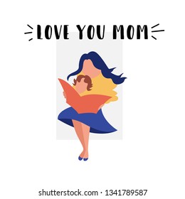Vector flat banner love my mom. A young mother riding on a swing with a baby and reading him a fairy tale from a book. A woman in a blue dress spends time with her child in the fresh air looking.