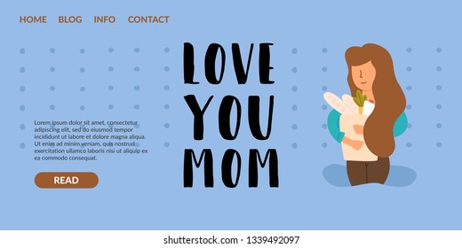 Vector Flat Banner love you mom girl with brown hair holding a large paper bag in which bread vegetables and dairy products for the family need great discounts convenient for housewives.