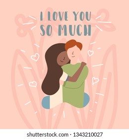 Vector Flat Banner I love you so much. The African-American woman laid her hand on the shoulder and her head hugged her husband, boyfriend, who felt affection and a sense of security and affection.