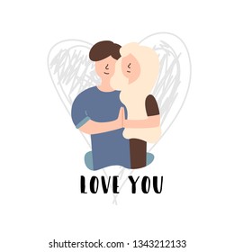Vector Flat Banner love you guy with brown hair hugging his girlfriend's waist. The blonde feels affection for her husband holding hands for a photo as a keepsake. Good relationship on the background.