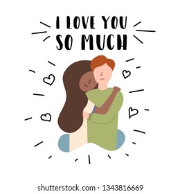 Vector Flat Banner I love you so much. The African-American woman laid her hand on the shoulder and her head hugged her husband, boyfriend, who felt affection and a sense of security and affection.