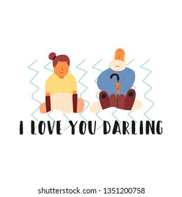 Vector Flat Banner I love you dear. Grandmother and grandfather are sitting in a chair smiling at a happy old age. A man and a woman in respectful age spend time together
