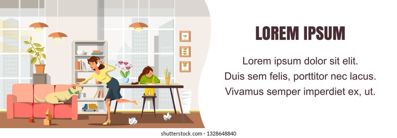 Vector Flat Banner Mom Looks after Children.  