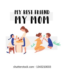 Vector Flat Banner My Best Friend is My Mom. My daughter is learning from her mom to make a delicious cake. She rolls the dough with her hands. Mom teaches her child. A woman in yellow dress in nature