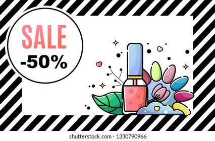 Vector flat banner for nail salon. Sale and discounts. Illustration in linear style with place for text. Poster Template. flyer and invitation card