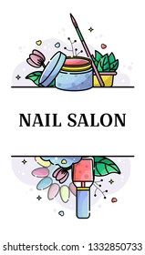 Vector flat banner for nail salon. Illustration in linear style with place for text.