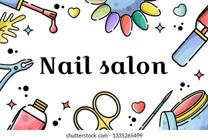 Vector Flat Banner For Nail Salon. Illustration In Linear Style With Place For Text. Poster Template. Flyer And Invitation Card