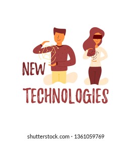 Vector flat banner new technology guy holding a 3D cube. Additional reality girl wearing glasses use artificial intelligence machine learning and design new complex parts. Computer technology digital