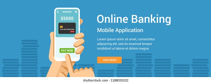 Vector flat banner for online banking finance application. Phone in hand illustration for mobile or web design
