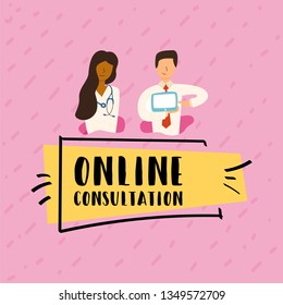 Vector Flat Banner online consultation of the attending physician. Pediatrician and therapist assists consultation through a mobile application. Internet doctor holds a tablet in the hands