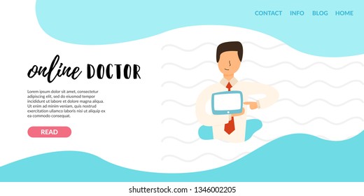 Vector Flat Banner Online Doctor. man is holding a tablet shows on a mobile application. online consultation on appointment to a specialist via the Internet. Getting qualified help