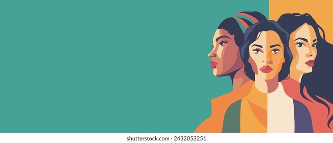 Vector flat banner with place for text for Women's Day on a green background, women of different nationalities stand together. Movements for gender equality and women's empowerment