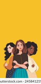 Vector flat banner place for text for Women's Day, young women of different nationalities on a yellow background. Vector concept of movement for gender equality and women's empowerment