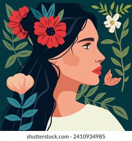 Cartel de la pancarta plana vectorial para el Día Internacional de la Mujer, Día de la Primavera, retrato del Día del Feminismo avatar mujer hermosa entre plantas y flores