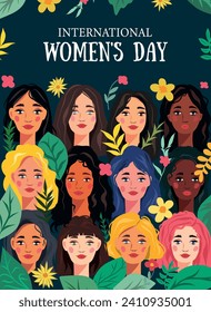 Vector flat banner postcard for International Women's Day on March 8. Many beautiful women of different nationalities among flowers and plants