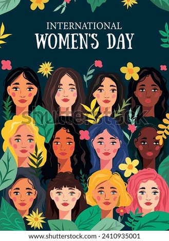 Vector flat banner postcard for International Women's Day on March 8. Many beautiful women of different nationalities among flowers and plants
