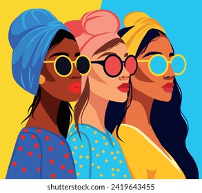 Vector flat banner postcard of women of different cultures standing side by side. Vector concept of movement for gender equality and women's empowerment. Women's Day