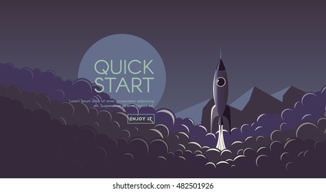 Vector flat banner with rocket launch mountains and moon