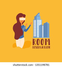 Vector Flat Banner Room Reservation. Hotel rooms with glasses of additional reality book instead of the hotel using virtual reality artificial intelligence. New technology