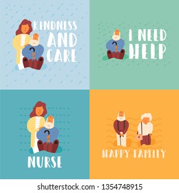 Vector flat banner set care and kindness. Nurse I need help. Happy family lettering. Care service for people of respectful age girl supports elderly man grandmother with grandfather walk