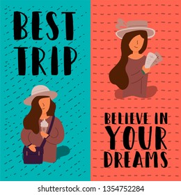 Vector Flat Banner set girl holds a piggy bank in her hands and collects coins. A woman with a bag over her shoulder is holding ice cream on a tour. Goes on a trip believe in your dreams tourist