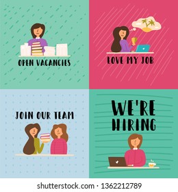 Vector Flat Banner set girl agrees to the vacancy. Love my job. Join our team. A woman is being trained by her other job duties.