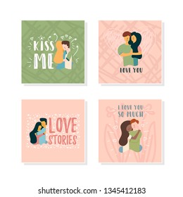 Vector flat banner set of guy hugging a girl. Husband hugs his wife for the waist. African American laid her hand on her boyfriend's shoulder experiencing strong feelings of affection loyalty care