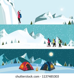 Vector flat banner set of Ice climber, camping and hiking in winter, elements and concept adventure landscape vector illustration.