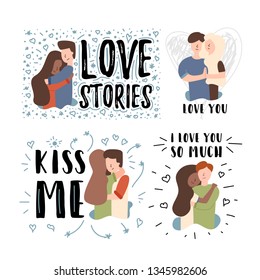 Vector flat banner set Kiss me. A love story I love you so much. The guy hugs his girlfriend. A wife has a strong attachment to your husband and holds hands. Teenager hugs black woman in a red sweater