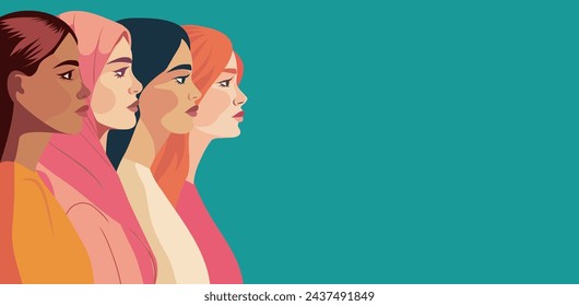 Vector flat banner space for horizontal text. Strong women from different cultures stand shoulder to shoulder. Vector concept of feminism, gender equality, women empowerment advocacy