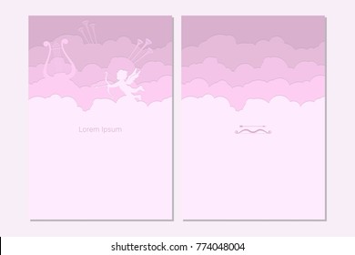 Vector flat banner St. Valentine's Day, illustration layers of paper, angel cupped on clouds flying, archery, harp and trumpets playing music, love, white pink, red, violet, booklet