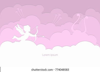 Vector flat banner St. Valentine's Day, illustration layers of paper, angel cupped on clouds flying, archery, harp and trumpets playing music, love, white pink, red, violet