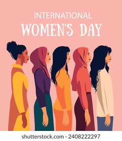 Vector flat banner with text for International Women's Day, women of different nationalities, group of different women standing together. Movement for gender equality and women's empowerment