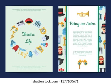 Vector flat banner with theatre icons card or flyer template illustration