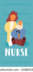 Vector flat banner vertical carer lettering. A young girl caring for a man of respectful age. Bald grandpa with a beard holding a cane care and kindness help to the elderly