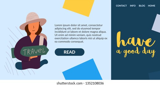 Vector Flat Banner woman in a hat holding a backpack and a sign saying travel. Going hiking tourist collected things
