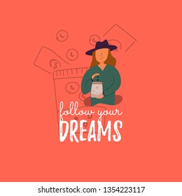 Vector Flat Banner woman holding a glass piggy bank in her hands and collecting her money cents. Forward to your dream, save up your best travels or hikes for vacation.