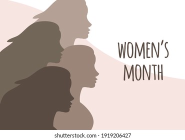 Vector flat banner with women silhouette and women’s month lettering isolated on black background. International women’s day equality illustration