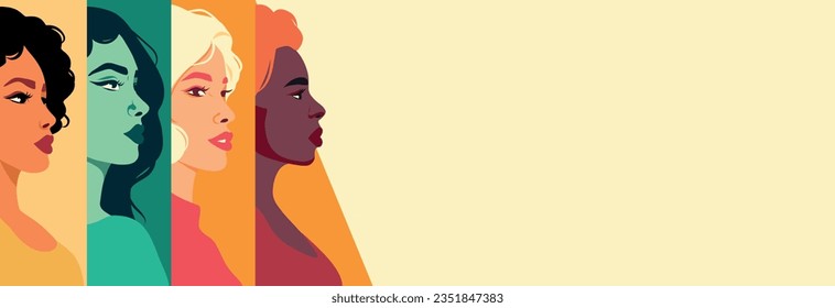 Pancarta plana vectorial para el día de la mujer, mujeres de diferentes culturas y nacionalidades. Aparición europea y africana. Concepto vectorial de movimiento en favor de la igualdad entre los géneros y el empoderamiento de la mujer