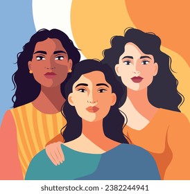 Vector flat banner for Women's Day, women of different cultures and nationalities stand side by side. Vector concept of movement for gender equality and women's empowerment